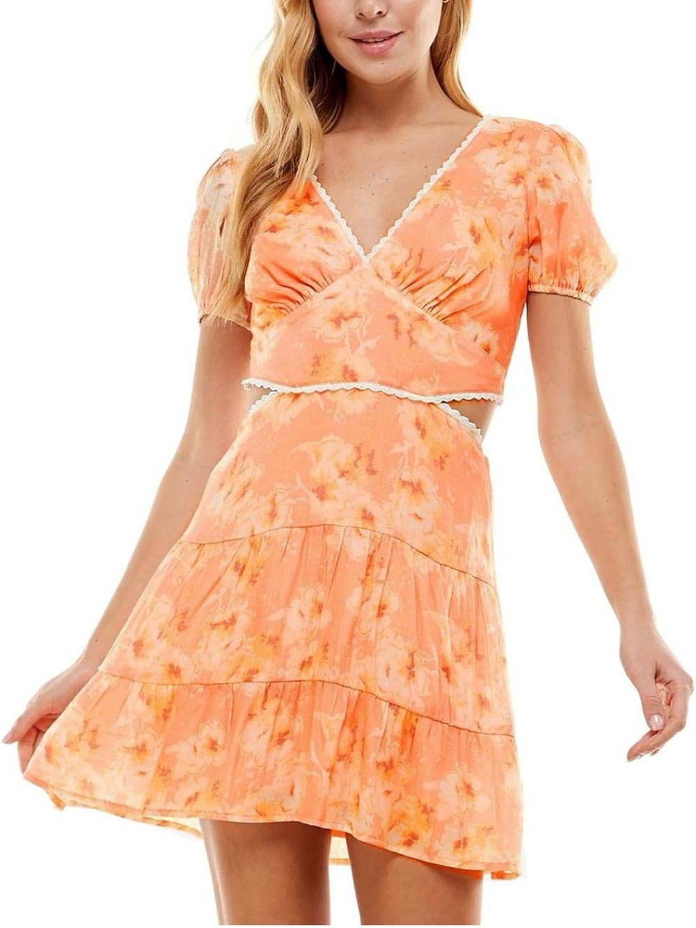 CITY STUDIO Womens Fit + Flare Mini Dress Short Sleeve Tie Back Trim Skirt